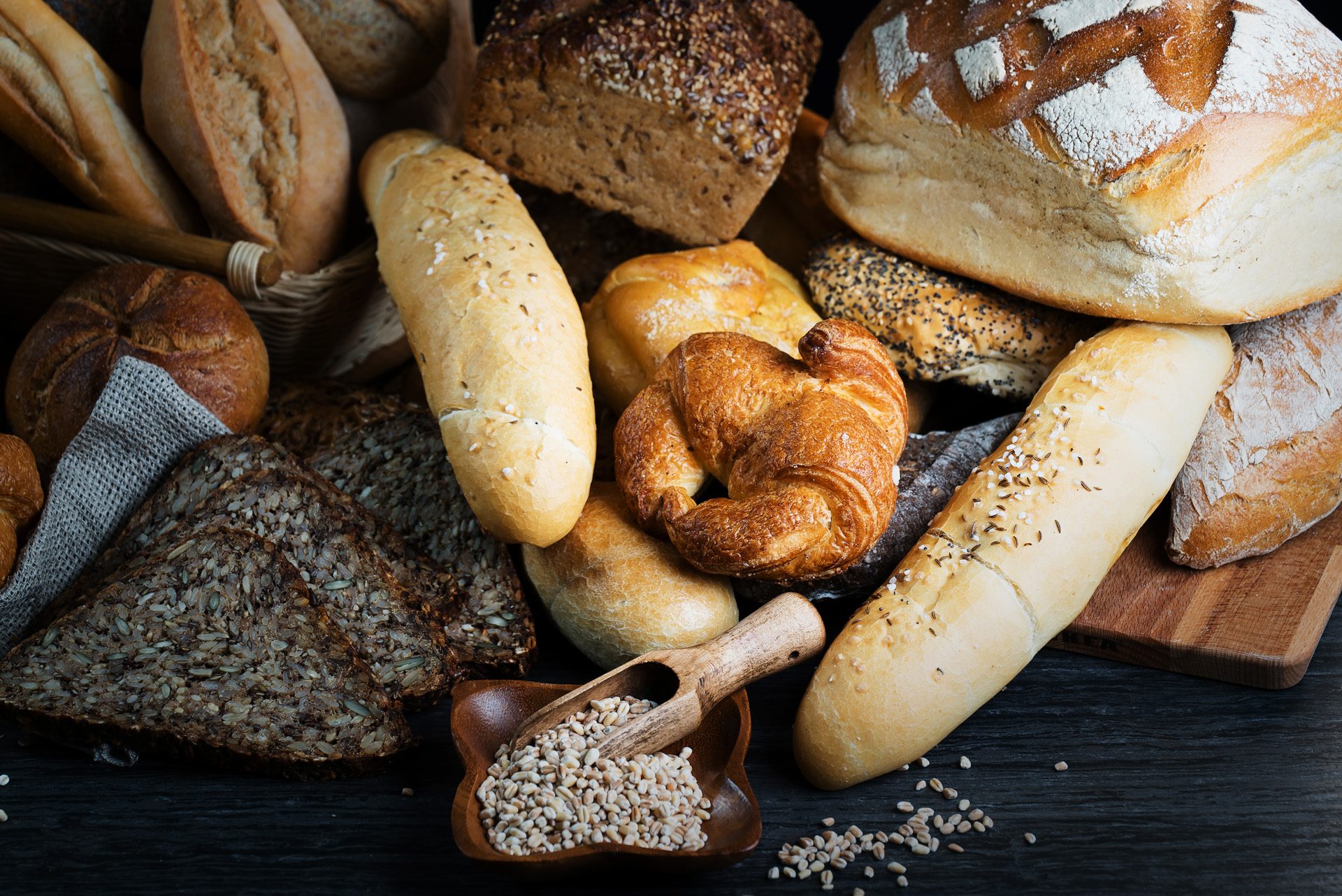 Different bread and bread slices, Food background.